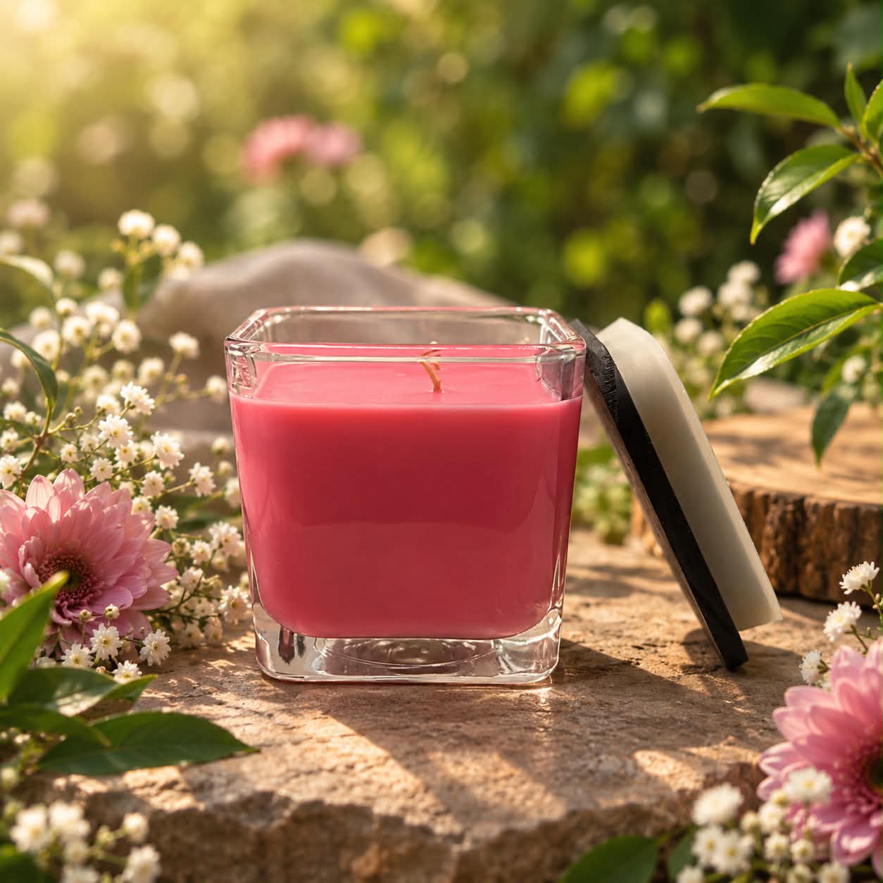 Hand-poured candle surrounded by roses and lavender in a sunlit garden
